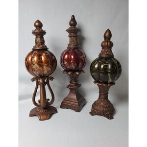 Set of 3 Faux Marble Orb Decorative Finials Bronze Tone Pedestal Tabletop...